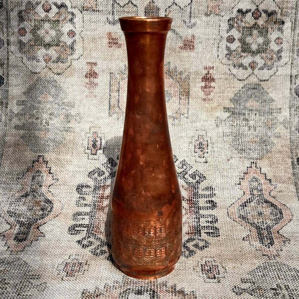 Vintage 60s Solid Copper Bud Vase Etched Band Mid Century Rustic Decor 8"